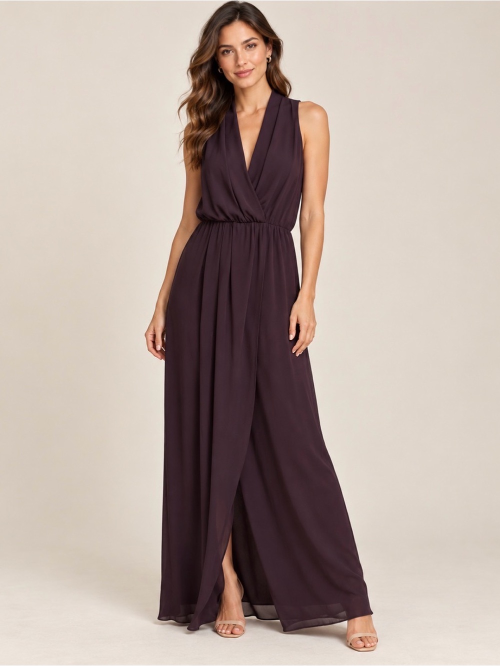 Parker Black Plum Sleeveless Wrap Front Maxi Dress Gown Size 10